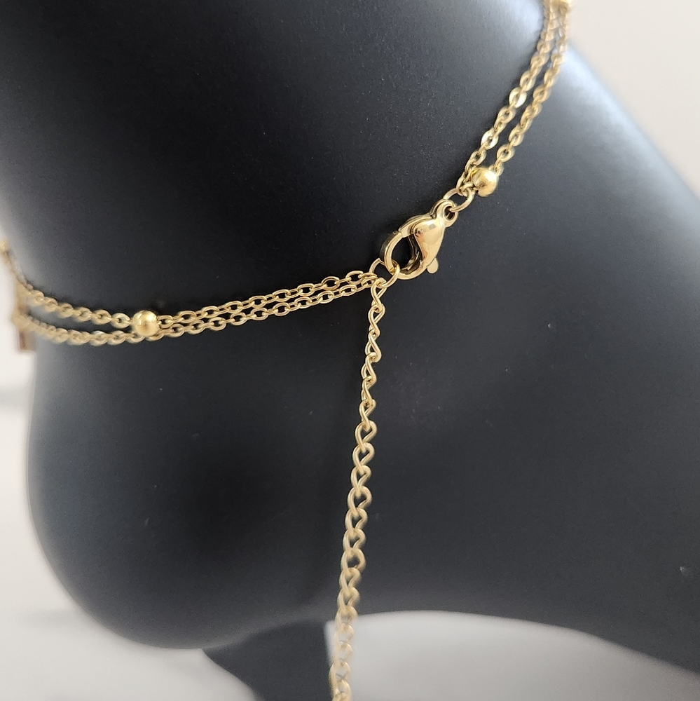 Gold Plated Double Layer Star Anklet Stainless Steel Dainty Bead Chain - Picture 8 of 12